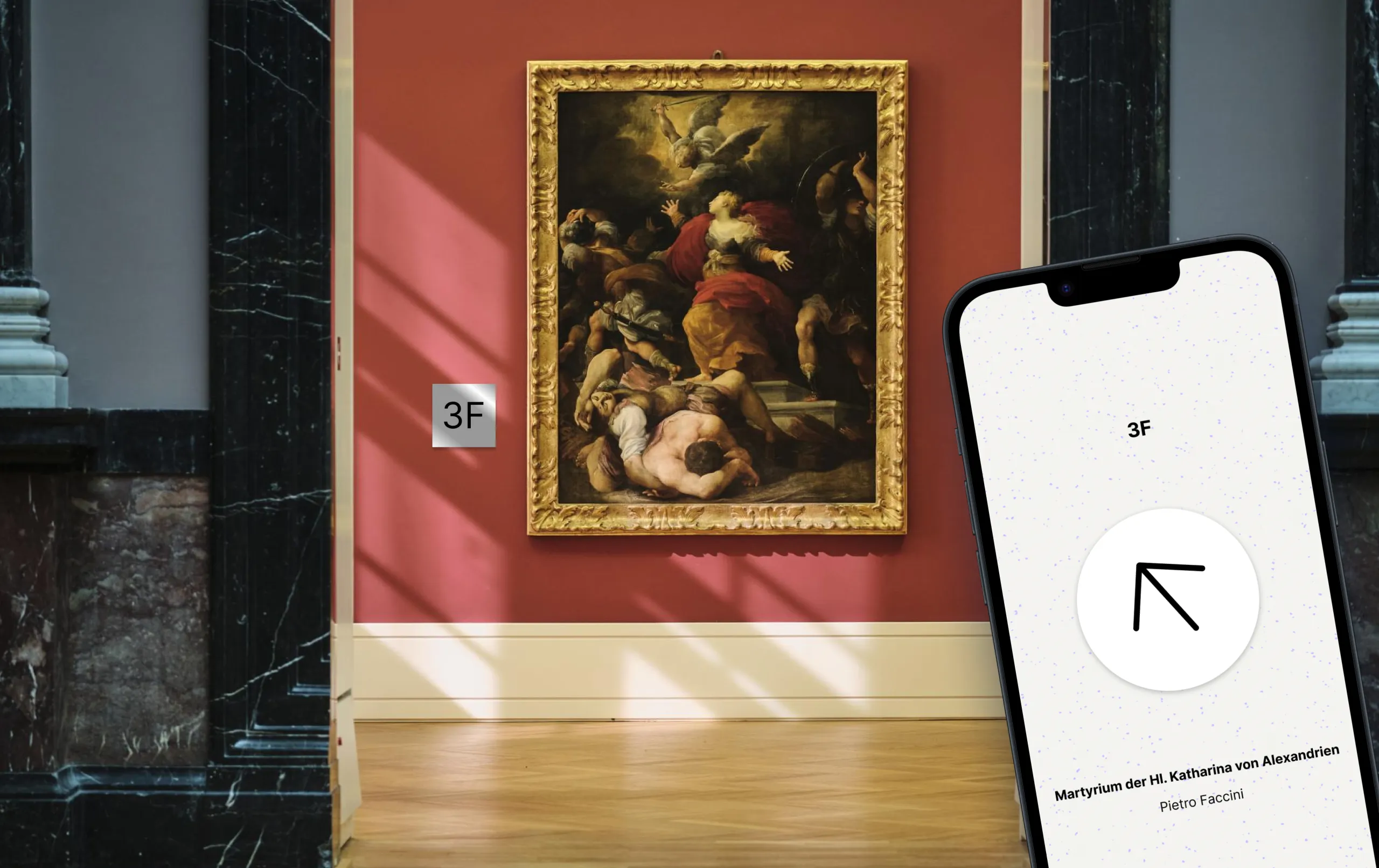 The app allows users to navigate easily through large museum spaces, guiding them from exhibition to exhibition and from room to room.